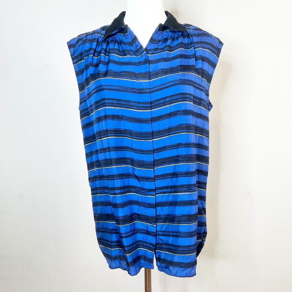 Miss Wu 100% Silk Sleeveless Striped Blouse Blue Black‎ Collared Size 10